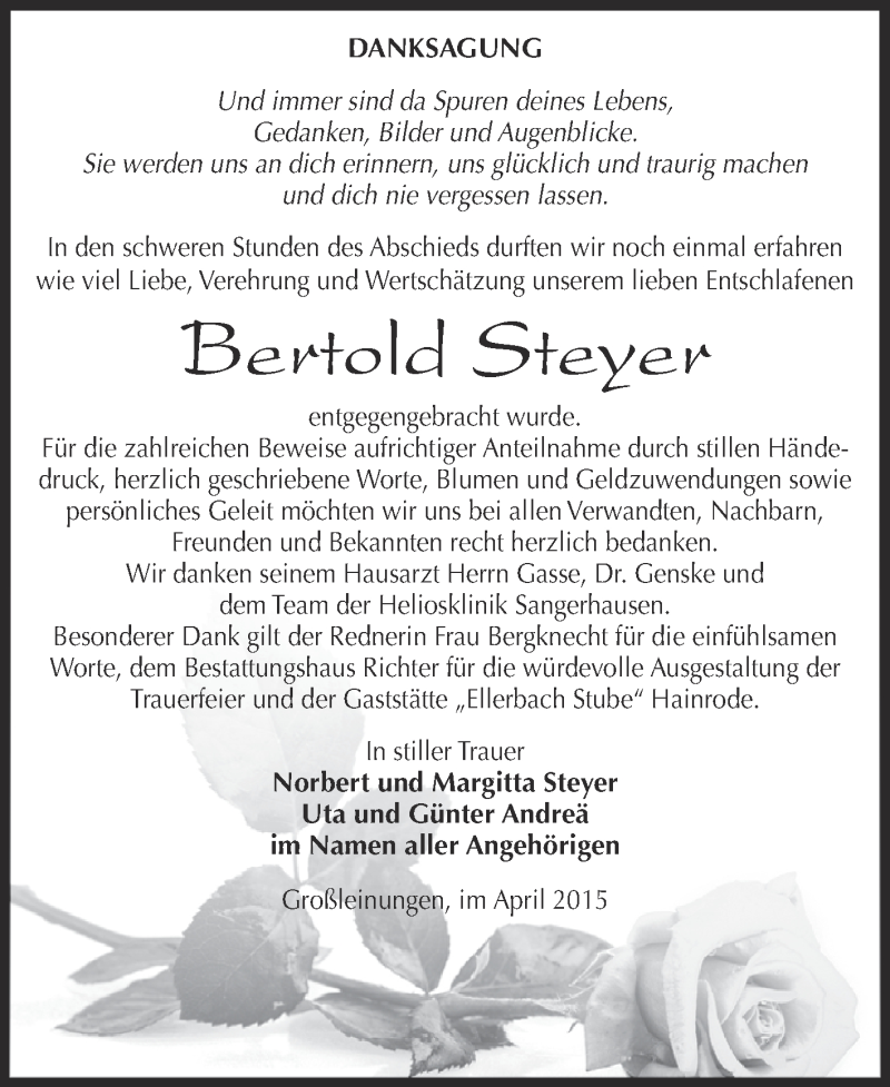  Traueranzeige für Bertold Steyer vom 03.05.2015 aus Super Sonntag SGH Mansf. Land
