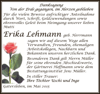Traueranzeige von Erika Lehmann von Super Sonntag Aschersleben