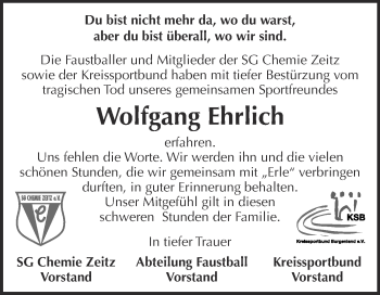 Traueranzeige von Wolfgang Ehrlich von Super Sonntag Zeitz