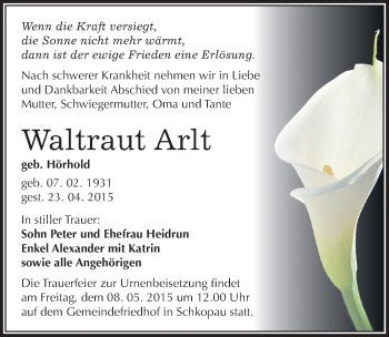 Traueranzeige von Waltraut Arlt von Mitteldeutsche Zeitung Merseburg/Querfurt
