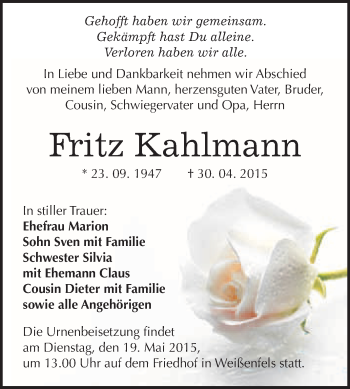 Traueranzeige von Fritz Kahlmann von WVG - Wochenspiegel NMB / WSF / ZTZ