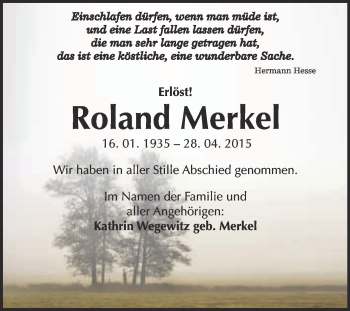 Traueranzeige von Roland Merkel von WVG - Wochenspiegel NMB / WSF / ZTZ