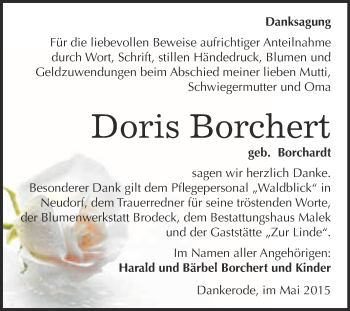 Traueranzeige von Doris Borchert von WVG - Wochenspiegel Quedlinburg