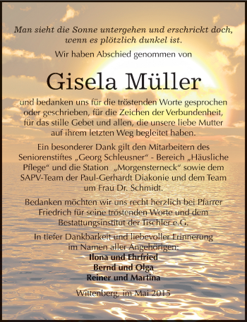 Traueranzeige von Gisela Müller von Mitteldeutsche Zeitung Wittenberg