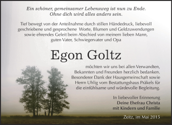 Traueranzeige von Egon Goltz von Super Sonntag Zeitz