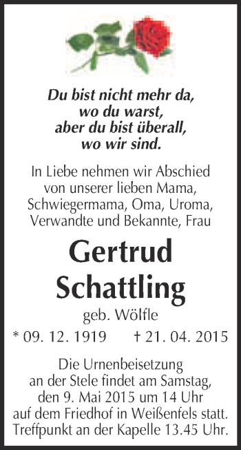 Traueranzeige von Gertrud Schattling von WVG - Wochenspiegel NMB / WSF / ZTZ