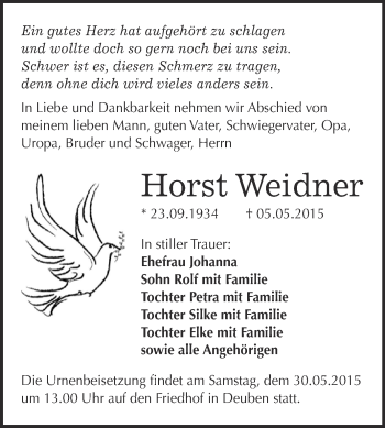 Traueranzeige von Horst Weidner von WVG - Wochenspiegel NMB / WSF / ZTZ