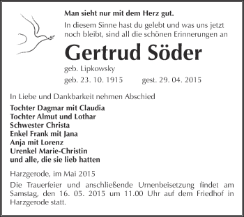 Traueranzeige von Gertrud Söder von Super Sonntag Quedlinburg