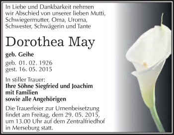 Traueranzeige von Dorothea May von WVG - Wochenspiegel Merseburg