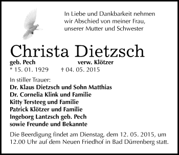 Traueranzeige von Christa Dietzsch von Mitteldeutsche Zeitung Merseburg/Querfurt