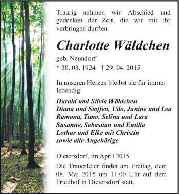 Traueranzeige von Charlotte Wäldchen von Mitteldeutsche Zeitung Sangerhausen
