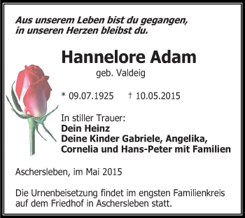 Traueranzeige von Hannelore Adam von Super Sonntag Aschersleben
