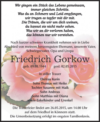 Traueranzeige von Friedrich Gorkow von Super Sonntag Bernburg