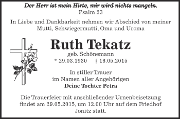 Traueranzeige von Ruth Tekatz von WVG - Wochenspiegel Dessau / Köthen