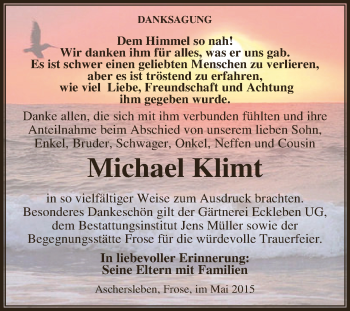 Traueranzeige von Michael Klimt von Super Sonntag Aschersleben