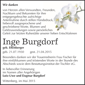Traueranzeige von Inge Burgdorf von Super Sonntag Wittenberg