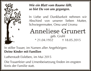 Traueranzeige von Anneliese Grunert von Super Sonntag SGH Mansf. Land
