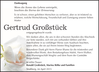 Traueranzeige von Gertrud Großstück von WVG - Wochenspiegel Quedlinburg