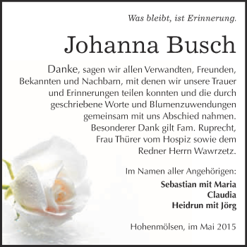 Traueranzeige von Johanna Busch von WVG - Wochenspiegel NMB / WSF / ZTZ