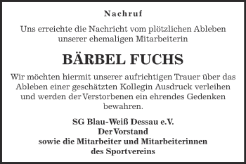 Traueranzeige von Bärbel Fuchs von Super Sonntag Dessau / Köthen