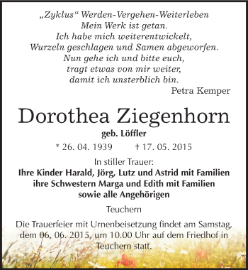 Traueranzeige von Dorothea Ziegenhorn von Mitteldeutsche Zeitung Weißenfels