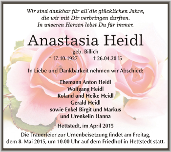 Traueranzeige von Anastasia Heidl von Super Sonntag SGH Mansf. Land