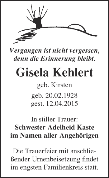 Traueranzeige von Gisela Kehlert von WVG - Wochenspiegel Wittenberg