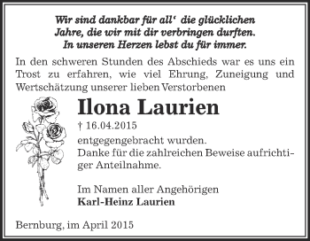 Traueranzeige von Ilona Laurien von Super Sonntag Bernburg