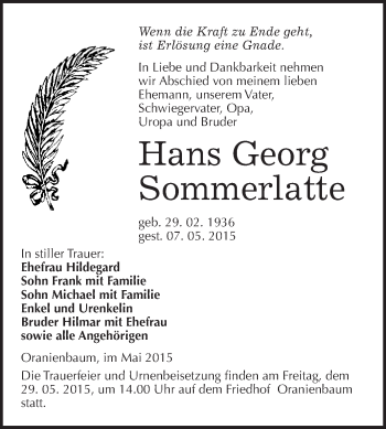 Traueranzeige von Hans Georg Sommerlatte von WVG - Wochenspiegel Wittenberg
