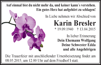 Traueranzeige von Karin Bresler von Mitteldeutsche Zeitung Dessau-Roßlau