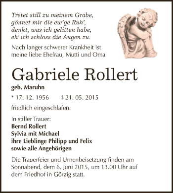 Traueranzeige von Gabriele Rollert von WVG - Wochenspiegel Dessau / Köthen
