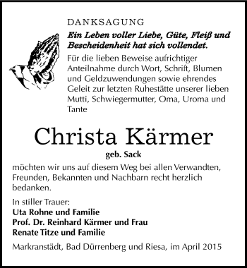 Traueranzeige von Christa Kärmer von Mitteldeutsche Zeitung Merseburg/Querfurt