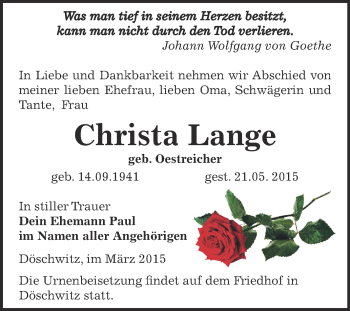 Traueranzeige von Christa Lange von Super Sonntag Zeitz