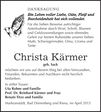 Traueranzeige von Christa Kärmer von Super Sonntag Merseburg