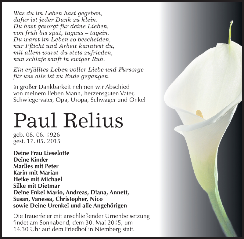  Traueranzeige für Paul Relius vom 21.05.2015 aus Mitteldeutsche Zeitung Halle/Saalkreis