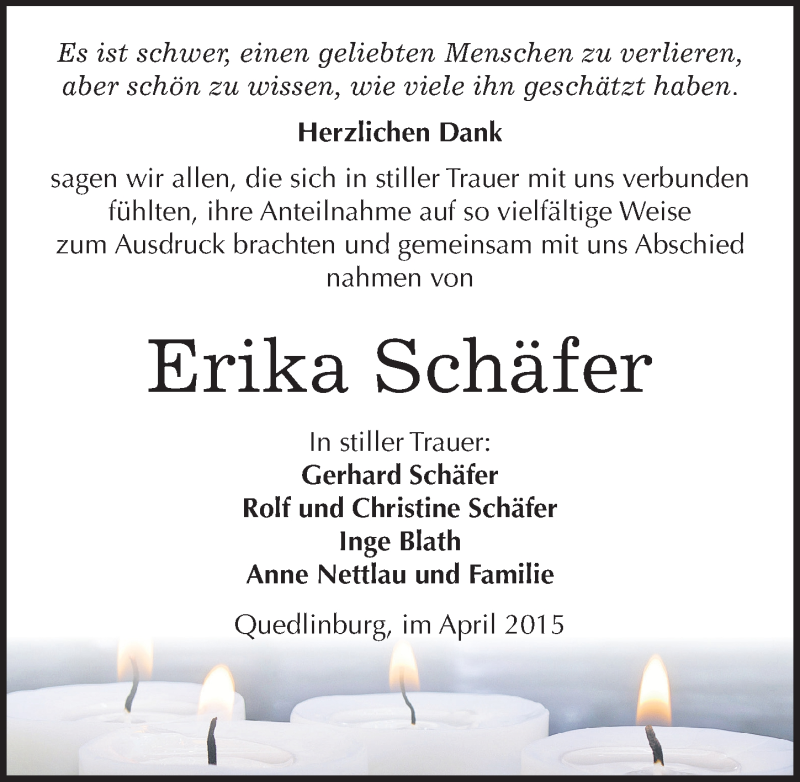  Traueranzeige für Erika Schäfer vom 05.05.2015 aus Mitteldeutsche Zeitung Quedlinburg
