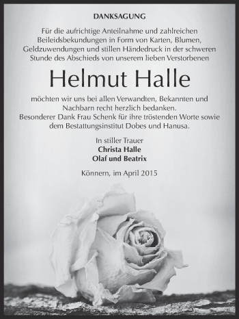 Traueranzeige von Helmut Halle von Super Sonntag Bernburg
