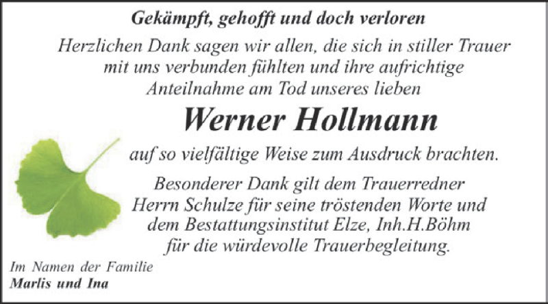  Traueranzeige für Werner Hollmann vom 10.05.2015 aus WVG - Wochenspiegel Dessau / Köthen