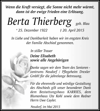 Traueranzeige von Berta Thierberg von WVG - Wochenspiegel Quedlinburg
