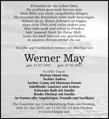 Traueranzeige von Werner May von Mitteldeutsche Zeitung Merseburg/Querfurt
