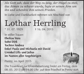 Traueranzeige von Lothar Herrling von WVG - Wochenspiegel Merseburg