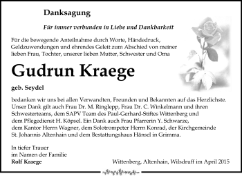 Traueranzeige von Gudrun Kraege von Super Sonntag Wittenberg