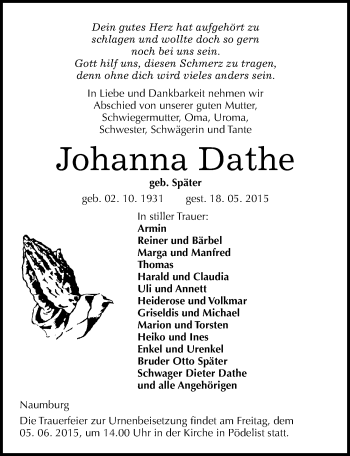 Traueranzeige von Johanna Dathe von Mitteldeutsche Zeitung Naumburg/Nebra