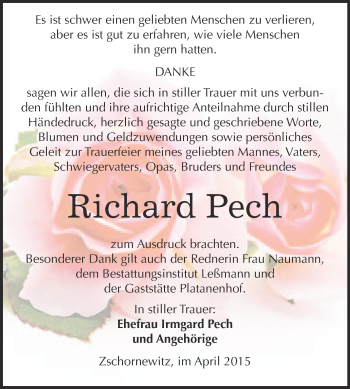 Traueranzeige von Richard Pech von WVG - Wochenspiegel Wittenberg