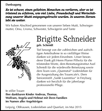 Traueranzeige von Brigitte Schneider von Mitteldeutsche Zeitung Merseburg/Querfurt