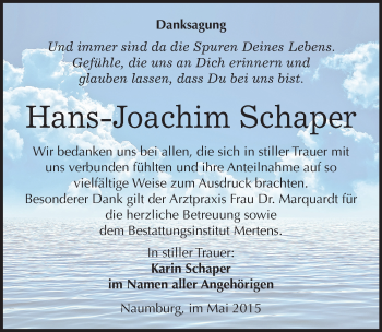 Traueranzeige von Hans-Joachim Schaper von Mitteldeutsche Zeitung Naumburg/Nebra