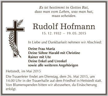 Traueranzeige von Rudolf Hofmann von Super Sonntag SGH Mansf. Land