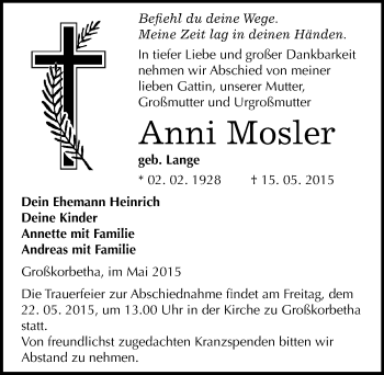 Traueranzeige von Anni Mosler von Mitteldeutsche Zeitung Weißenfels