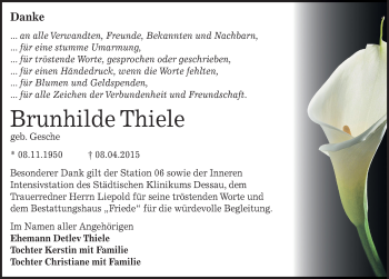 Traueranzeige von Brunhilde Thiele von Mitteldeutsche Zeitung Dessau-Roßlau