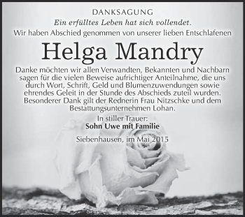 Traueranzeige von Helga Mandry von WVG - Wochenspiegel Bitterfeld